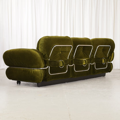 Isku Hannibal three-seater sofa in original green velvet, rear angle