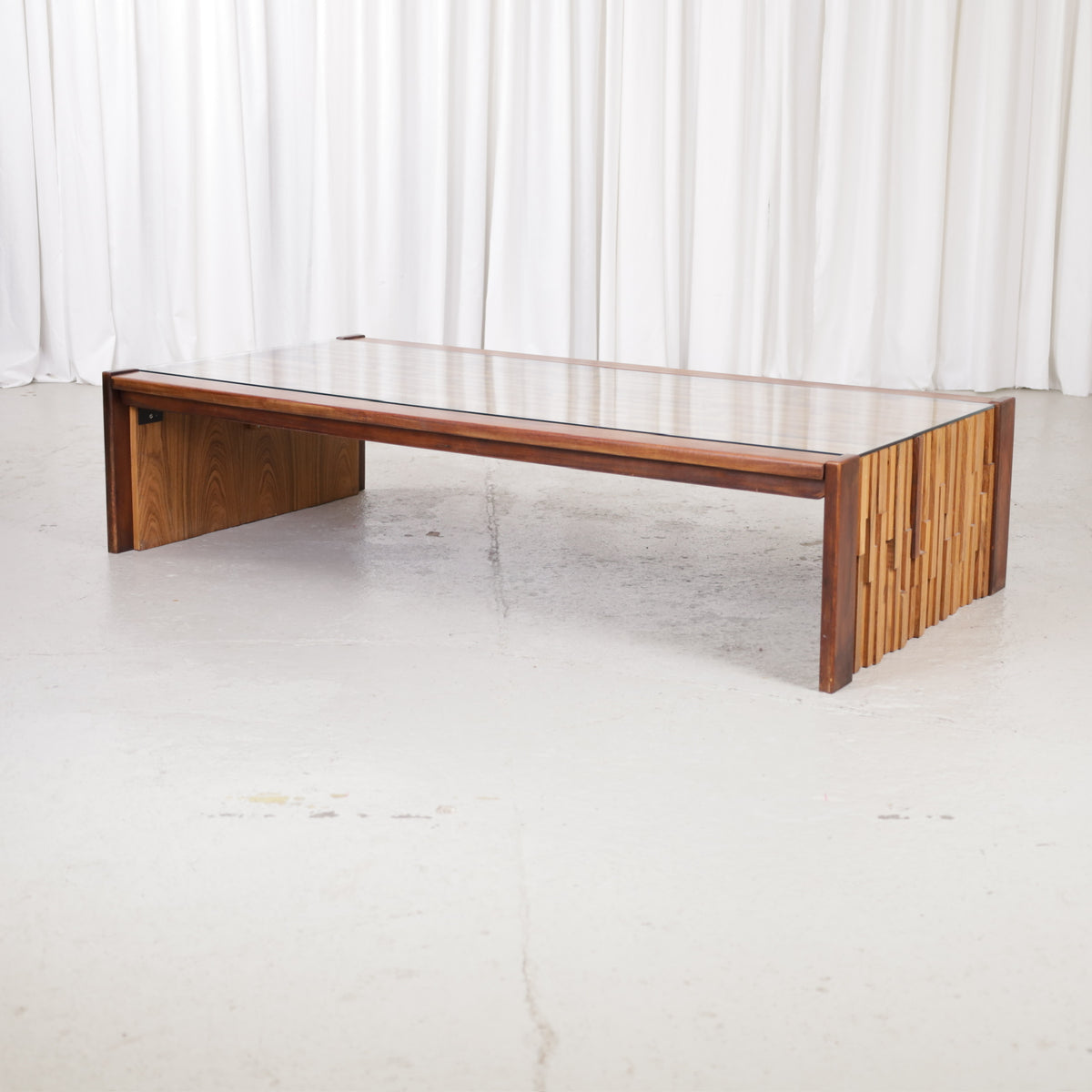 Percival Lafer mosaic coffee table with glass top, three-quarter view