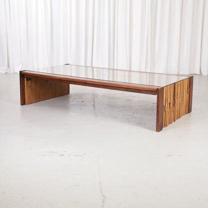 Percival Lafer mosaic coffee table with glass top, three-quarter view