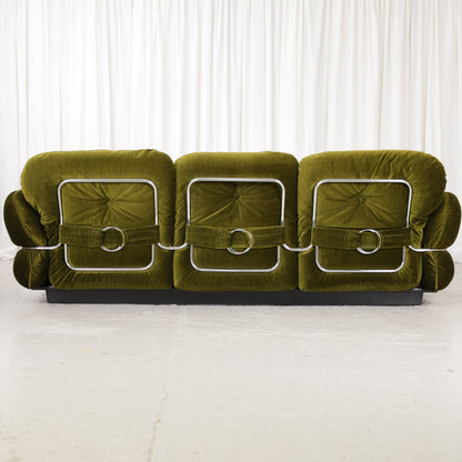 Isku Hannibal three-seater sofa in original green velvet, rear view