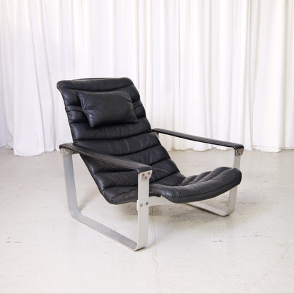 Ilmari Lappalainen Pulkka Lounge Chair with Ottoman in Black Leather