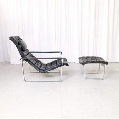 Ilmari Lappalainen Pulkka Lounge Chair with Ottoman in Black Leather