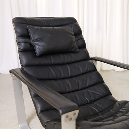 Ilmari Lappalainen Pulkka Lounge Chair with Ottoman in Black Leather