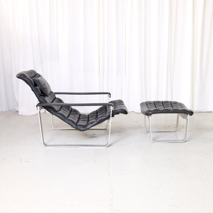 Ilmari Lappalainen Pulkka Lounge Chair with Ottoman in Black Leather