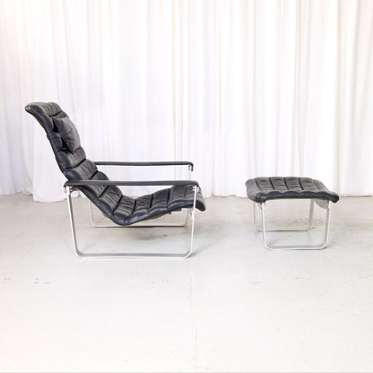 Ilmari Lappalainen Pulkka Lounge Chair with Ottoman in Black Leather