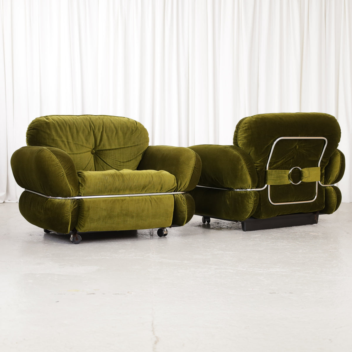 Isku Hannibal armchair in green velvet, two chairs shown together, sold individually