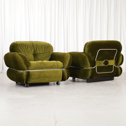 Isku Hannibal armchair in green velvet, two chairs shown together, sold individually