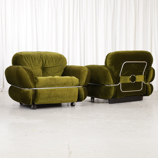 Isku Hannibal armchair in green velvet, two chairs shown together, sold individually