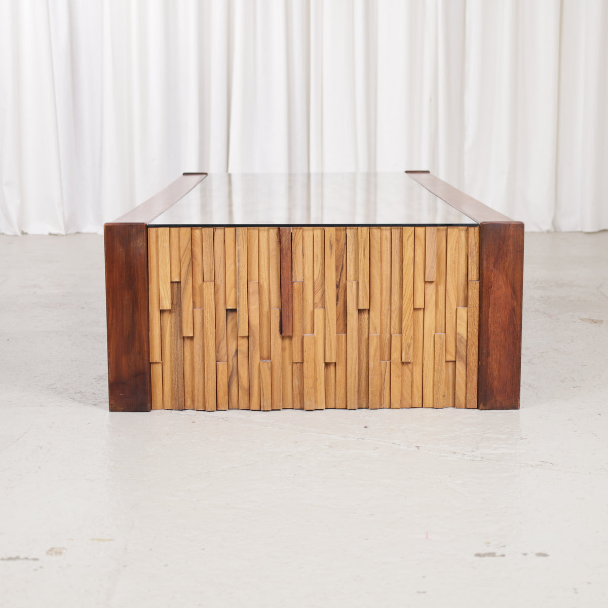 Coffee table end view showing the wooden mosaic