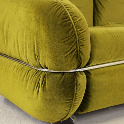 Isku Hannibal three-seater sofa in original green velvet, armrest and chrome detail