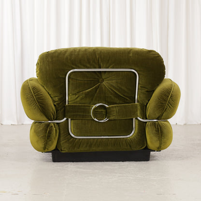 Isku Hannibal armchair in green velvet, rear view with chrome frame