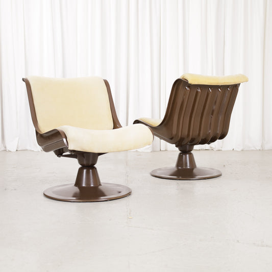 Yrjö Kukkapuro 3814-1KF chair, brown shell and pale yellow upholstery – two chairs shown, sold individually