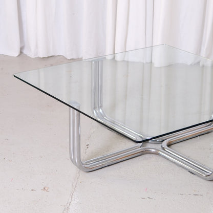 Vintage Italian Glass Coffee Table with Chrome Tubular Steel Base