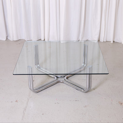 Vintage Italian Glass Coffee Table with Chrome Tubular Steel Base