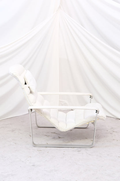 Ilmari Lappalainen Pulkka armchair with ottoman in White Leather - Asko 1970s