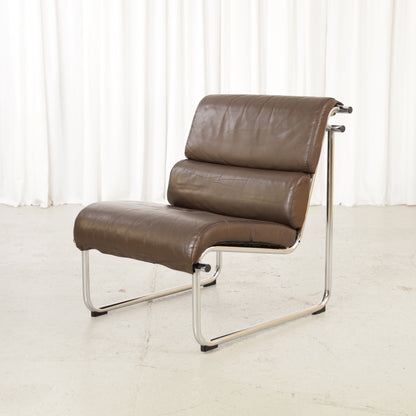 Yrjo Kukkapuro armless medium Remmi lounge chair in brown leather, chromed frame