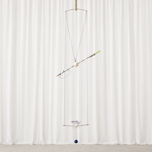 Original Ingo Maurer Ilo Ilu kinetic light sculpture from 1986. A distinctive postmodern design combining light, movement, mirror elements and geometric forms.