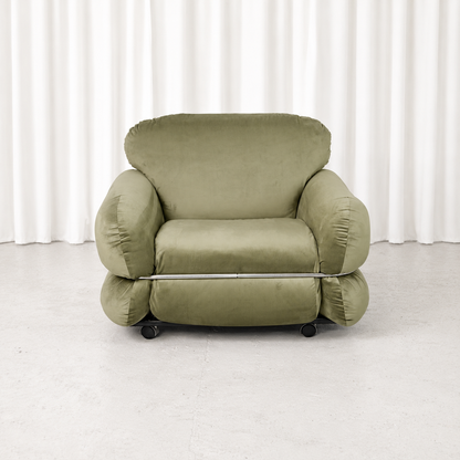 Vintage Hannibal armchair designed by Kurt Hvitsjö and manufactured by Isku. Newly reupholstered in olive-green fabric and unused since.