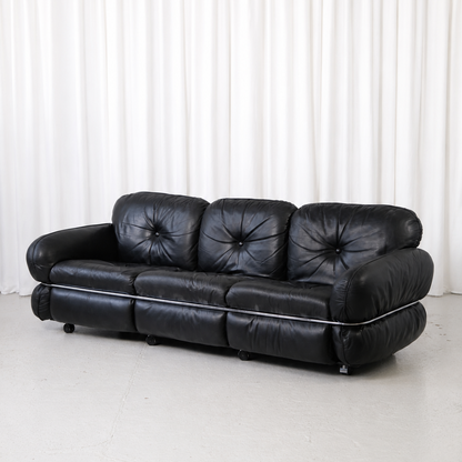 Isku Hannibal sofa by Kurt Hvitsjö in black leather with chrome frame