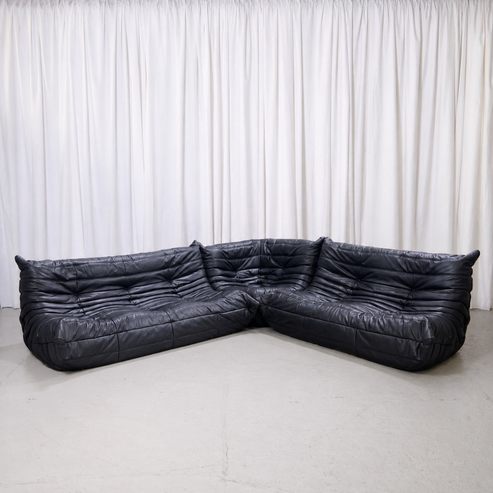 Ligne Roset Togo modular sofa set in black leather with three-seater, two-seater and corner piece
