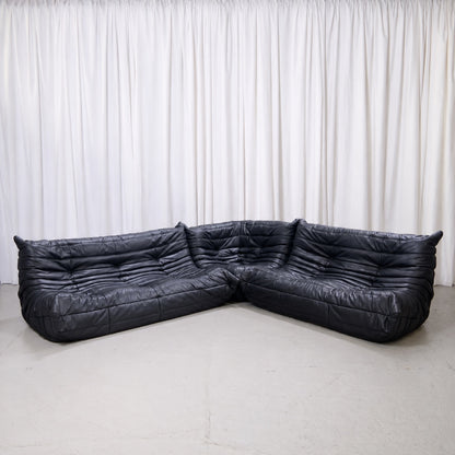Ligne Roset Togo modular sofa set in black leather with three-seater, two-seater and corner piece
