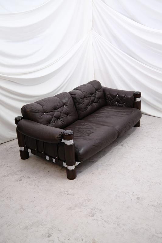 Maija Ruoslahti "El Rancho" Sofa Brown Leather with Wood and Chrome Details