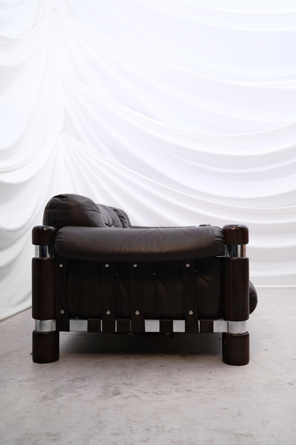 Maija Ruoslahti "El Rancho" Sofa Brown Leather with Wood and Chrome Details