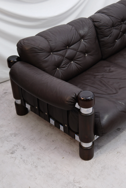 Maija Ruoslahti "El Rancho" Sofa Brown Leather with Wood and Chrome Details