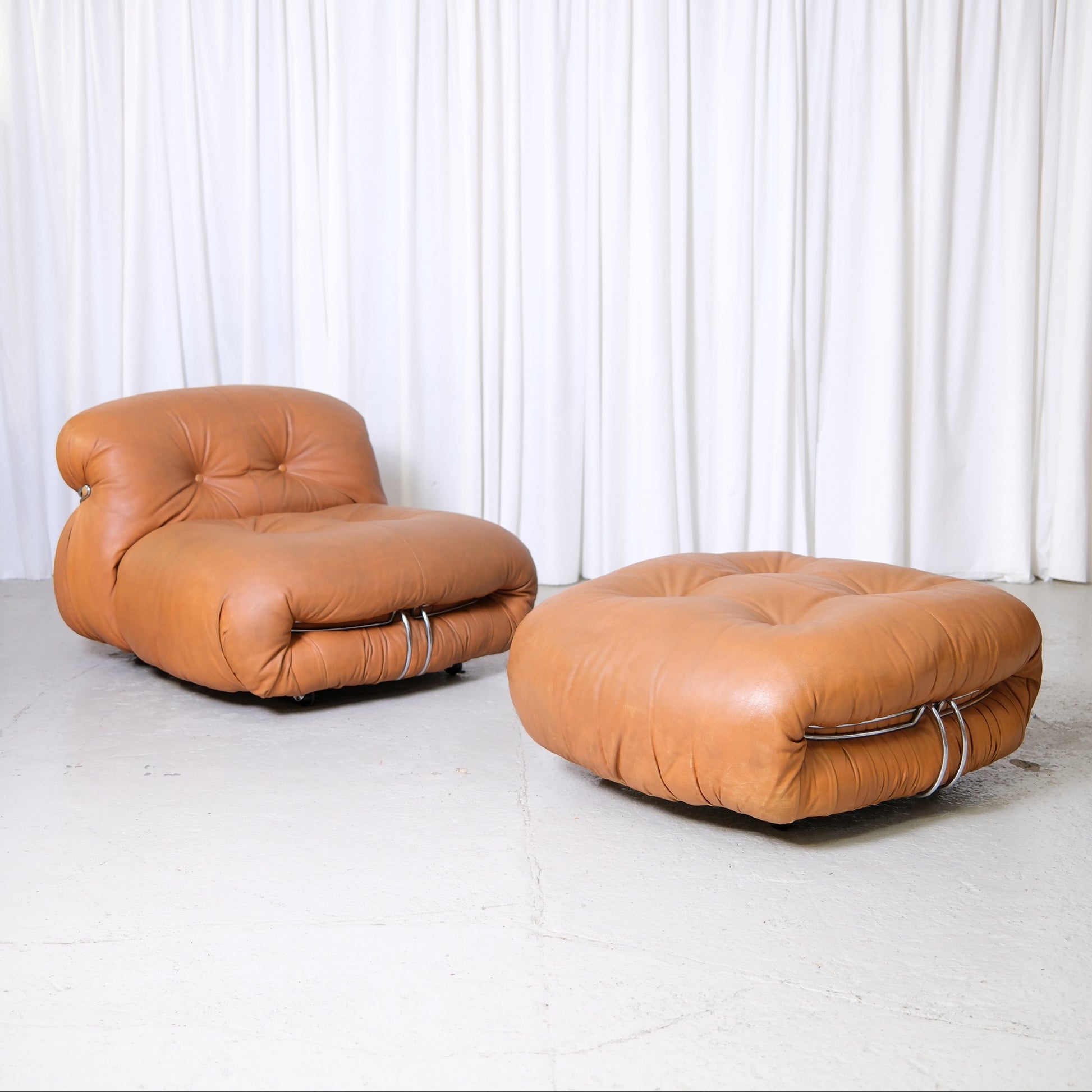 Tobia Scarpa Soriana armchair and ottoman for Cassina in original cognac brown leather