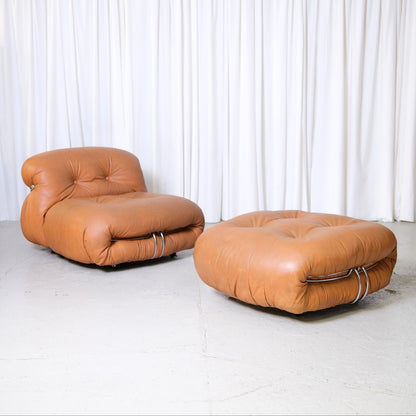 Tobia Scarpa Soriana armchair and ottoman for Cassina in original cognac brown leather
