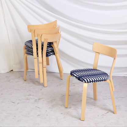 Vintage Artek Chair 69 by Alvar Aalto with birch frame and unused dark blue and white Johanna Gullichsen upholstery. Finnish design classic.