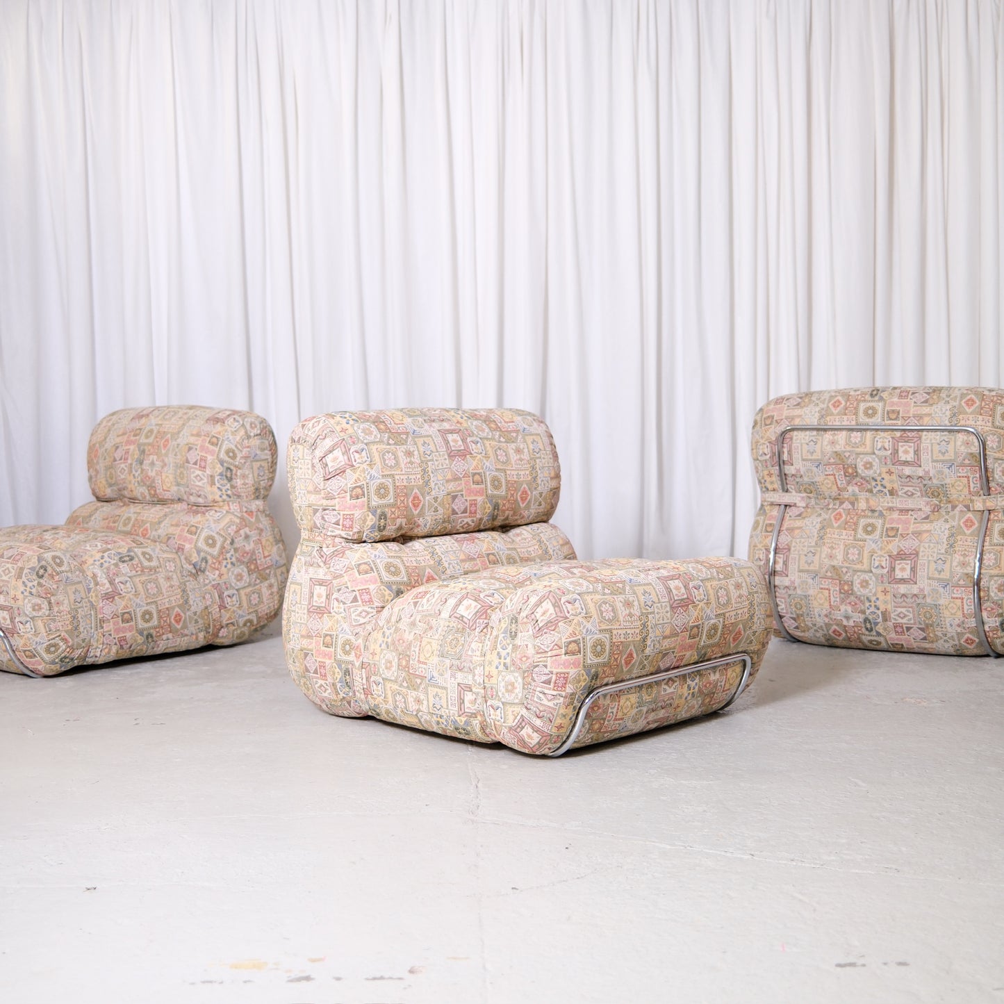 Vintage Italian modular lounge chair in patterned fabric with chromed tubular steel details, 1970s Italian design armchair photographed at Pino Interiors Helsinki.