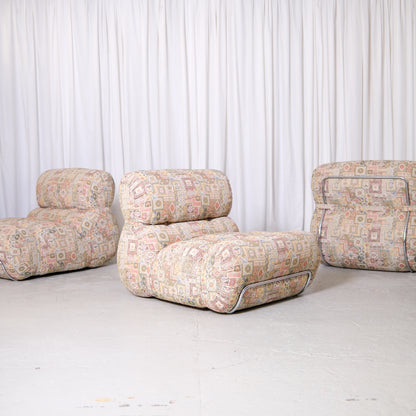 Vintage Italian modular lounge chair in patterned fabric with chromed tubular steel details, 1970s Italian design armchair photographed at Pino Interiors Helsinki.