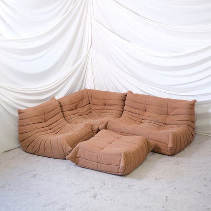 Vintage Ligne Roset Togo modular sofa set by Michel Ducaroy with fireside chair, corner element, ottoman and 2-seater in brown wool fabric.