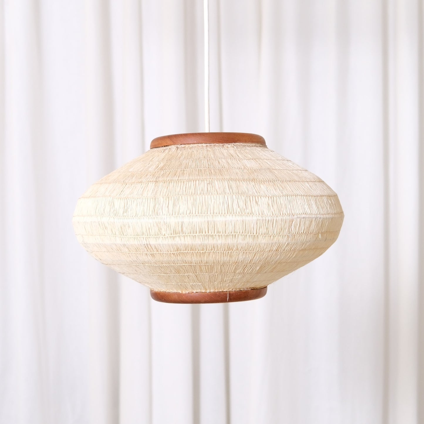 Vintage Scandinavian teak and paper pendant lamp with rounded textured paper shade