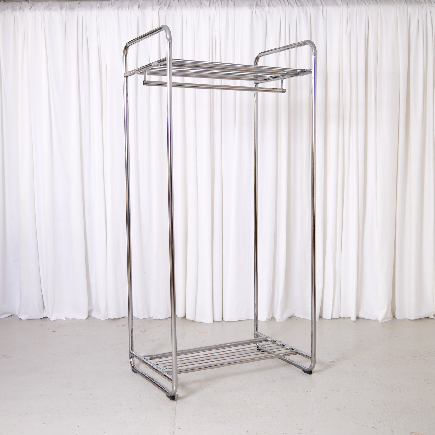 Vintage Yrjö Kukkapuro Remmi coat rack in chrome with hanging rail and wire shelves