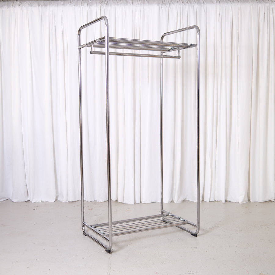 Vintage Yrjö Kukkapuro Remmi coat rack in chrome with hanging rail and wire shelves