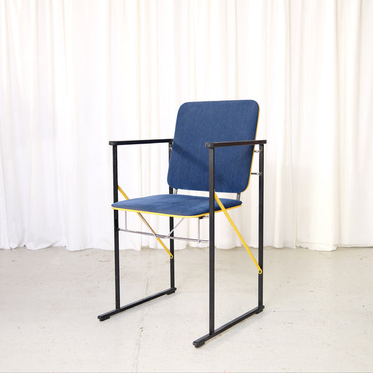 Vintage Yrjö Kukkapuro A-502 bar height chair for Avarte with blue upholstery, black frame and yellow details.