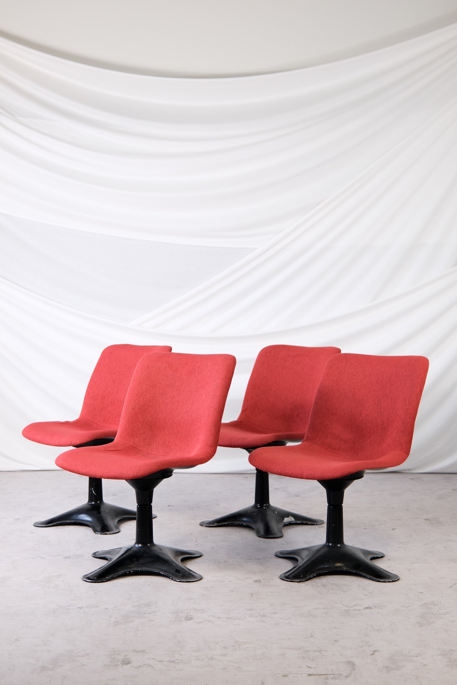 Reupholstered red canvas Junior chairs by Yrjö Kukkapuro for Haimi. Unused upholstery, original fiberglass and aluminum bases. Worldwide shipping.