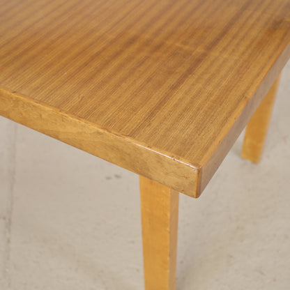 Alvar Aalto extendable teak table with figured birch legs — tabletop, extension leaf or frame detail