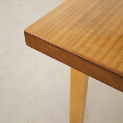 Alvar Aalto extendable teak table with figured birch legs — tabletop, extension leaf or frame detail