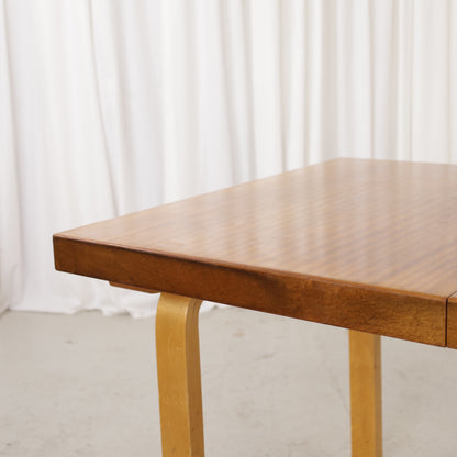 Alvar Aalto extendable teak table with figured birch legs — tabletop, extension leaf or frame detail