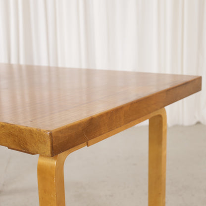 Alvar Aalto extendable teak table with figured birch legs — tabletop, extension leaf or frame detail