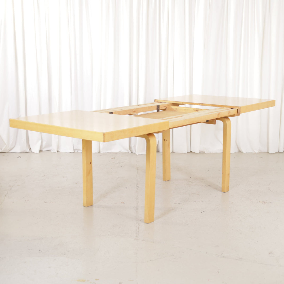 Alvar Aalto Model 92 Extendable Dining Table by Artek, alvar Aalto Model 92 dining table by Artek with extension mechanism open