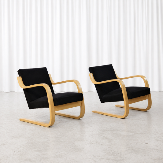 Pair of 1960s Artek 402 armchairs with black fabric upholstery