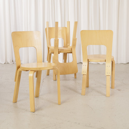 Alvar Aalto Chair 66 for Artek in patinated birch, four chairs shown, sold individually