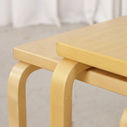 Alvar Aalto birch nesting tables for Artek — tabletop and bent leg detail