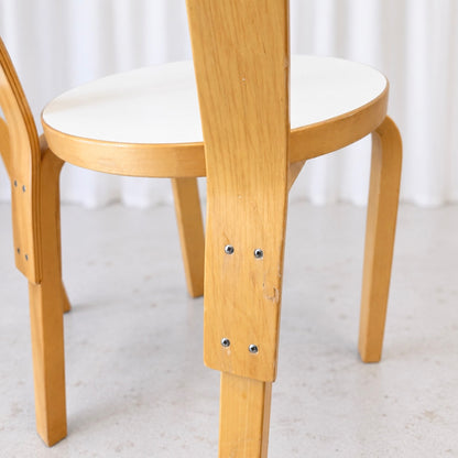 Detalj bakifrån av en Artek 66-stol med slitage och ryggstödets infästningar