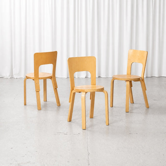 Set of three Artek Chair 66 chairs in birch, designed by Alvar Aalto