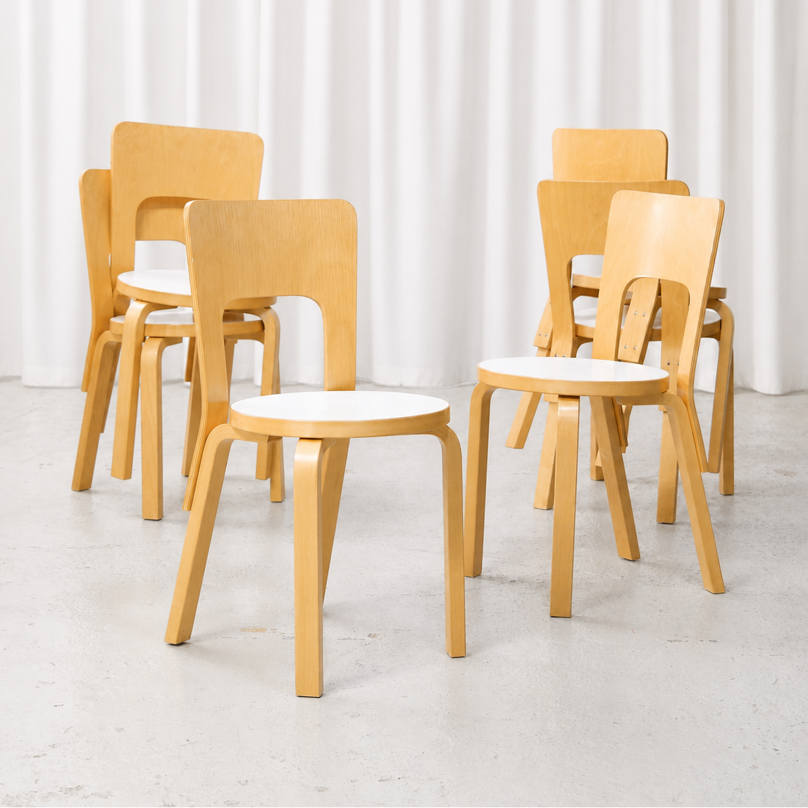 Six Artek Chair 66 chairs in birch with white laminate seats